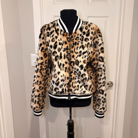 Jack by BB Dakota Leopard Faux Fur Bomber Jacket, Sz L - Picture 2 of 7